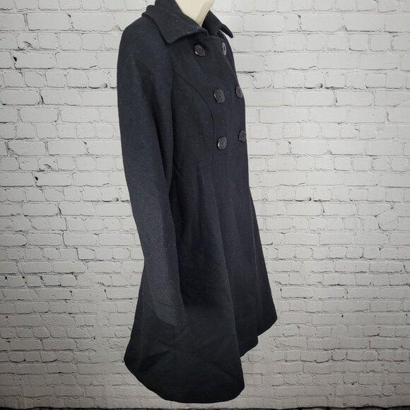 Via Black 100% Wool Double Breasted Buttoned Lined Pockets Long Pea Coat Small S - Picture 11 of 12